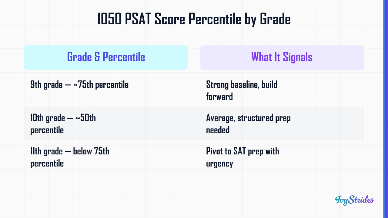 Comparison table showing a 1050 PSAT score percentile rank and meaning for 9th, 10th, and 11th graders