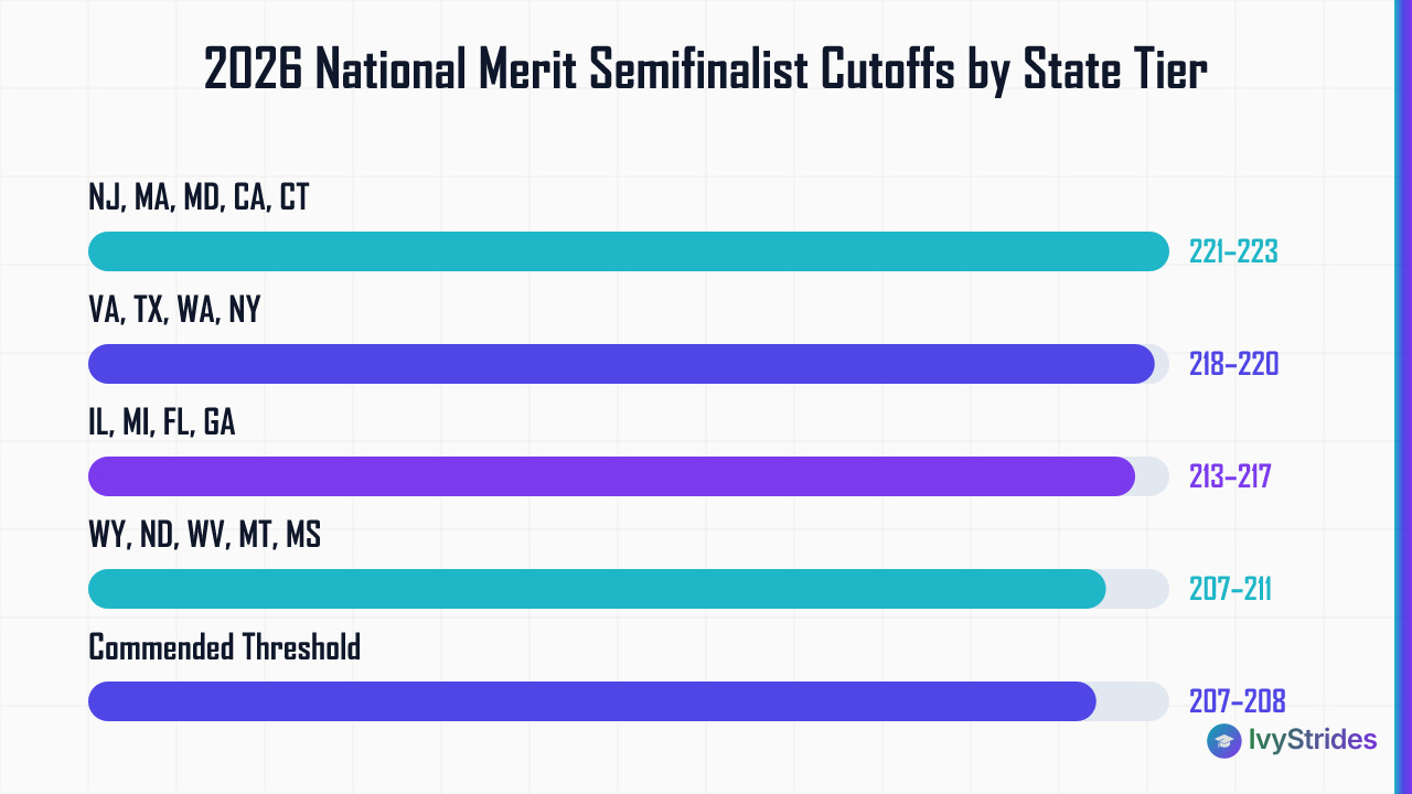 Horizontal bar chart showing 2026 National Merit Semifinalist cutoff score ranges by state competitiveness tier, from 207 to 