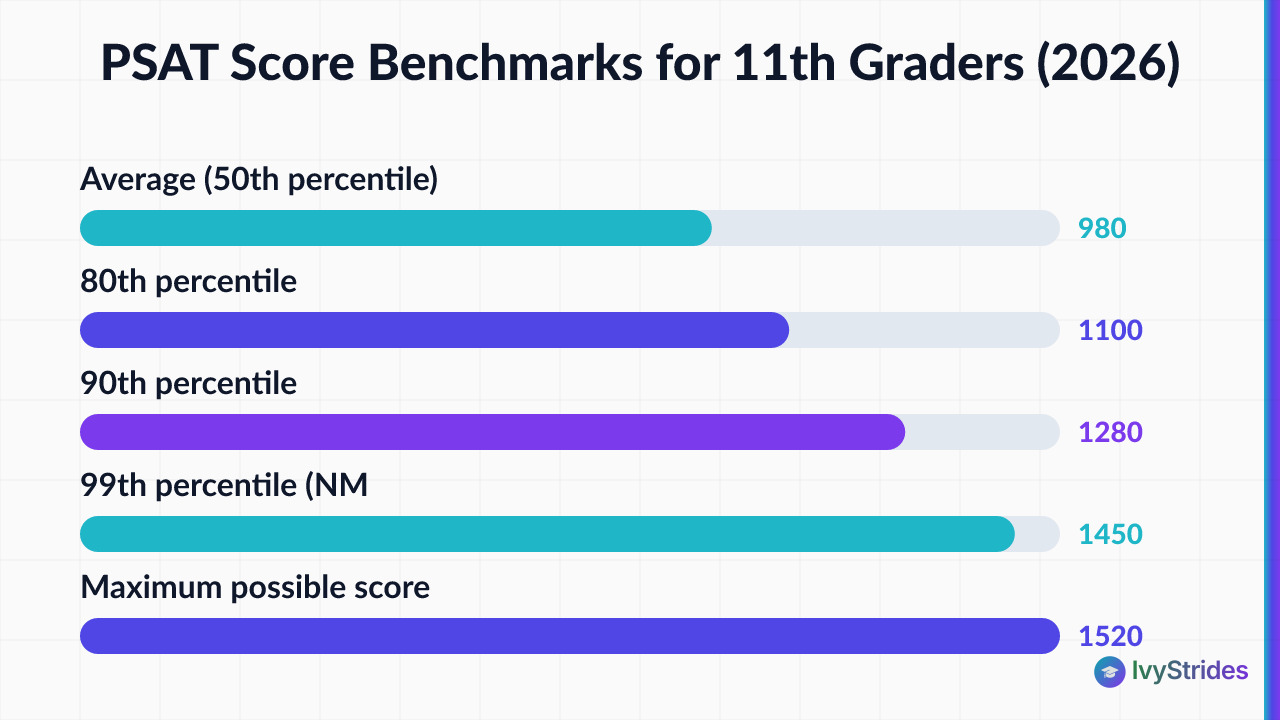 Horizontal bar chart showing PSAT score benchmarks for juniors from 980 (50th percentile) to 1520 (max score)