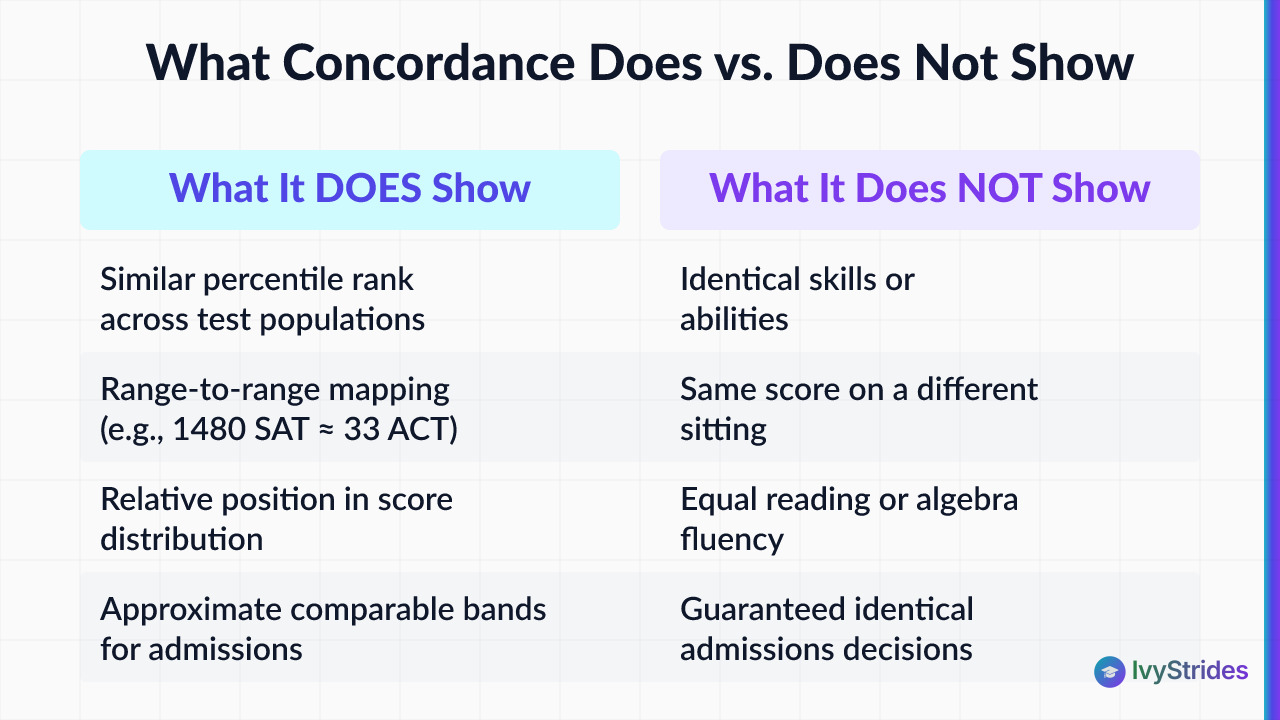 Comparison table showing what SAT to ACT concordance does and does not indicate for students and admissions in 2026