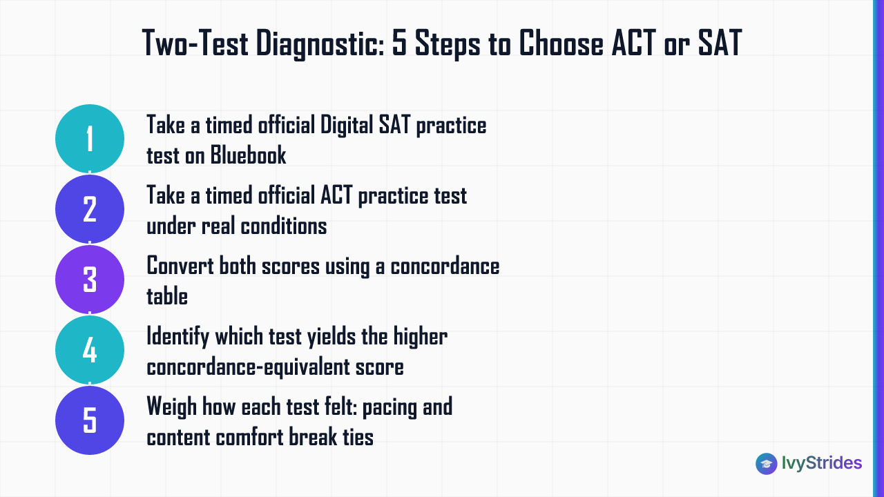 5-step two-test diagnostic framework to decide between the ACT and SAT based on timed practice scores