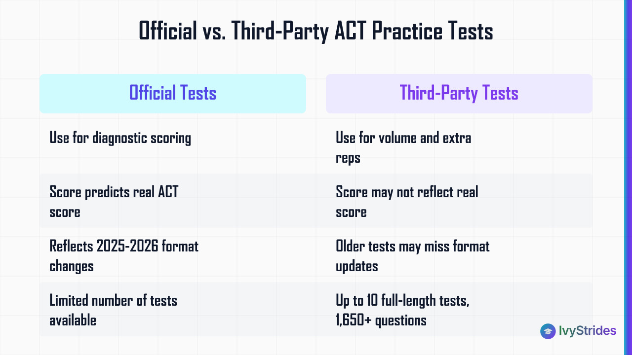 Comparison table of official vs third-party ACT practice tests covering accuracy, format, volume, and score prediction in 202