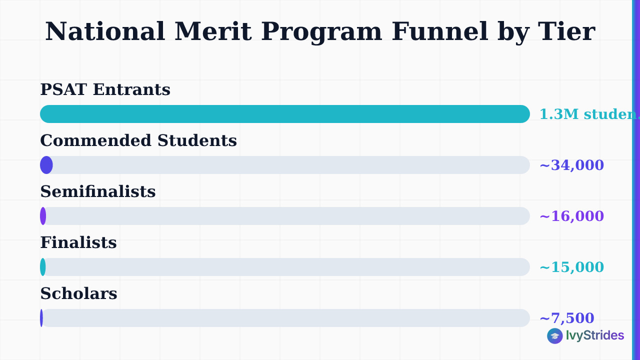 Bar chart showing National Merit funnel: 1.3M entrants narrowing to 34K Commended, 16K Semifinalists, 15K Finalists, 7.5K Sch