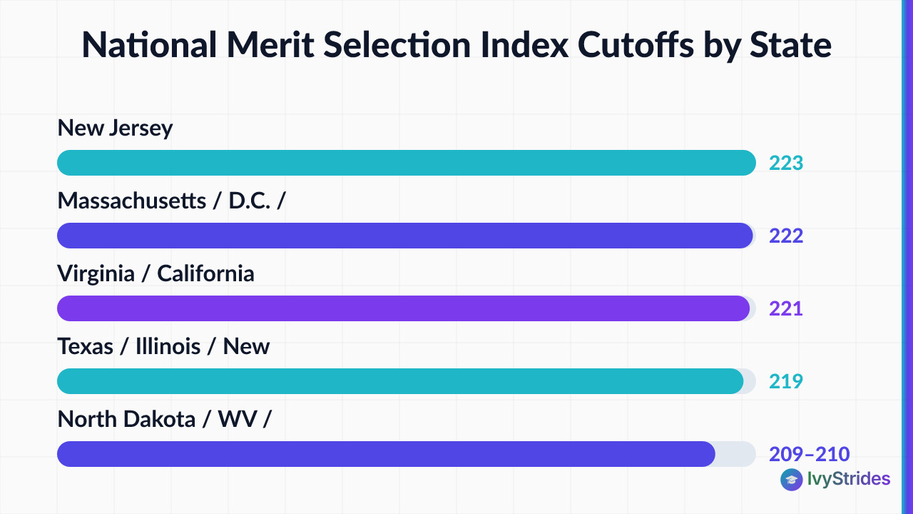 Bar chart comparing National Merit Semifinalist Selection Index cutoffs by state, ranging from 223 in New Jersey to 209–210 i
