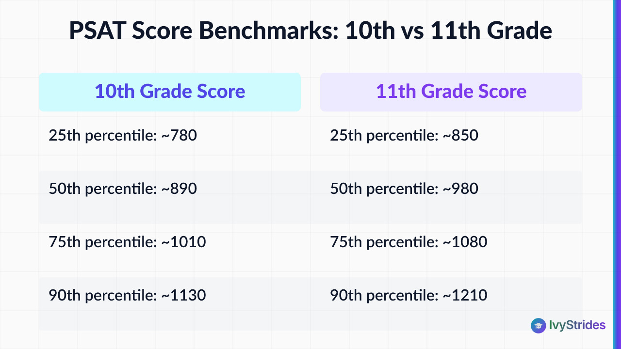 Comparison table of PSAT score percentile benchmarks for 10th graders vs 11th graders from 25th to 99th percentile