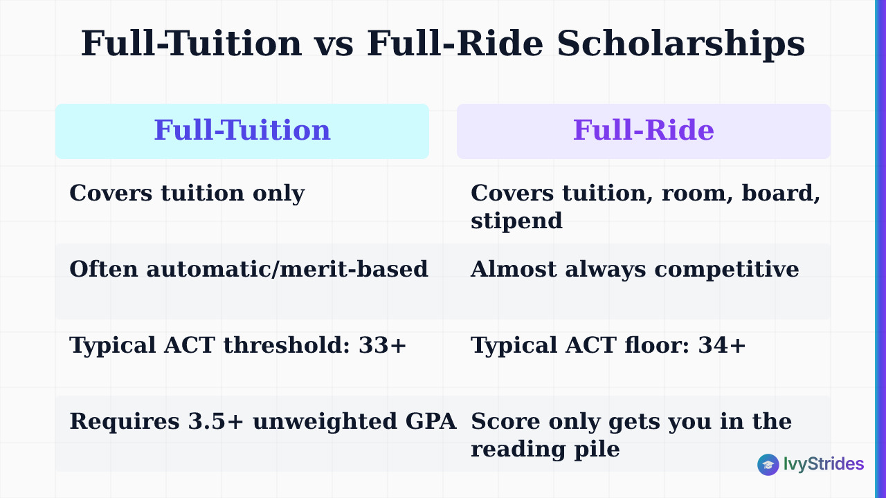 Comparison table showing differences between full-tuition and full-ride scholarships including ACT score thresholds and award