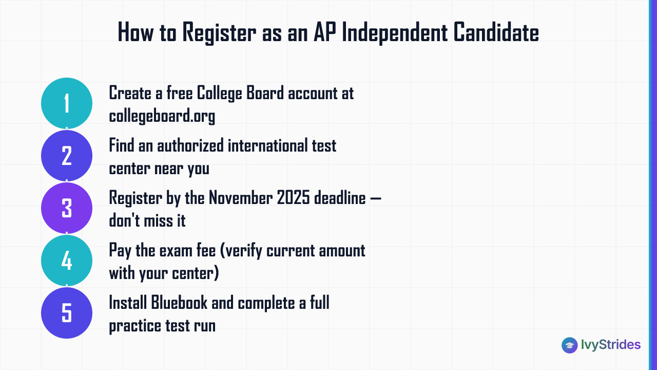 5-step process for international students to register as AP independent candidates, from account creation to Bluebook practic