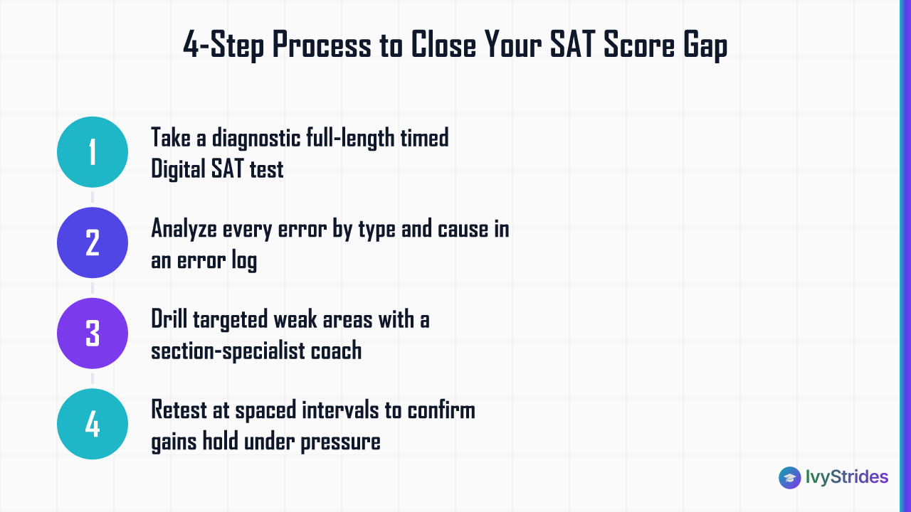 4-step SAT score improvement process: diagnostic test, error-log analysis, targeted drilling, and spaced retesting