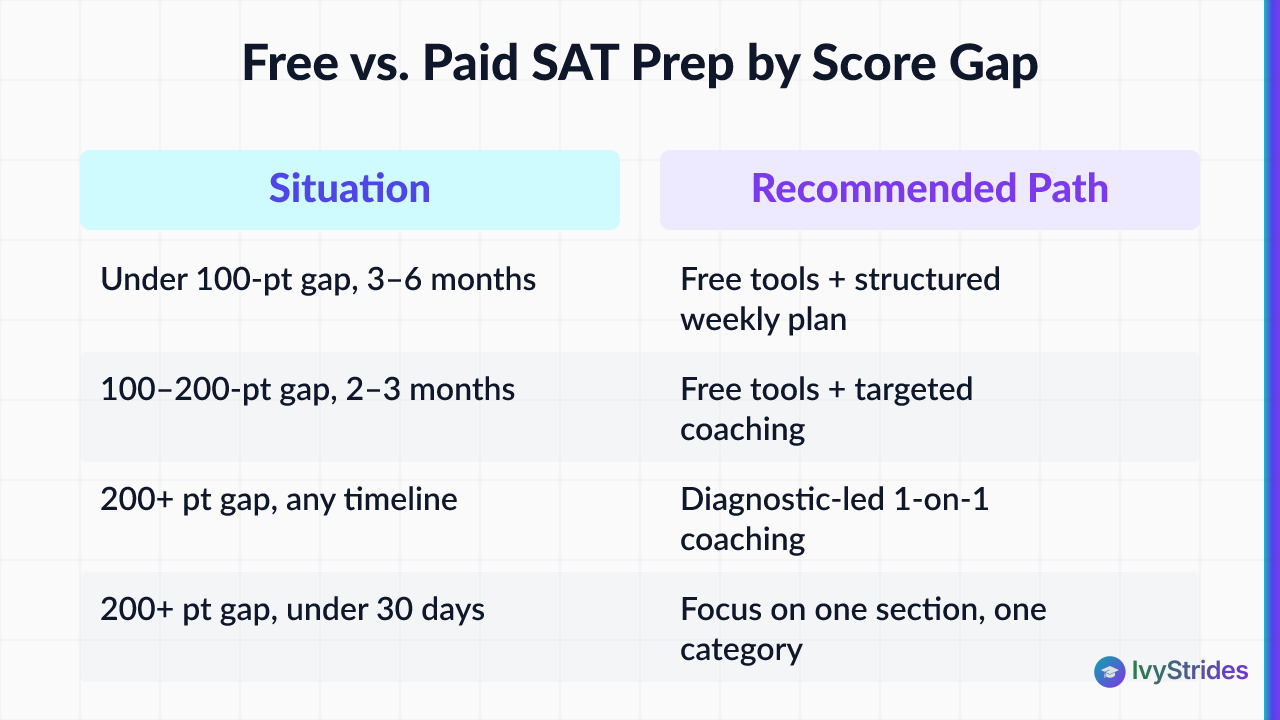 Comparison table showing recommended SAT prep path based on score gap and timeline, from free tools to paid coaching