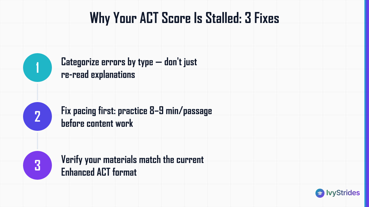 3-step diagram showing why ACT scores stall: error analysis, pacing fixes, and updated materials
