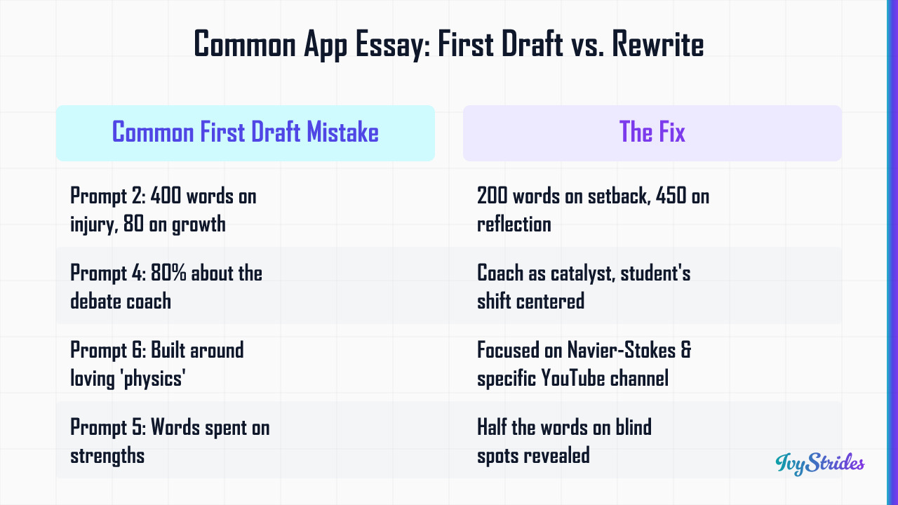 Comparison table showing Common App essay first draft mistakes vs. coaching fixes for Prompts 1–6
