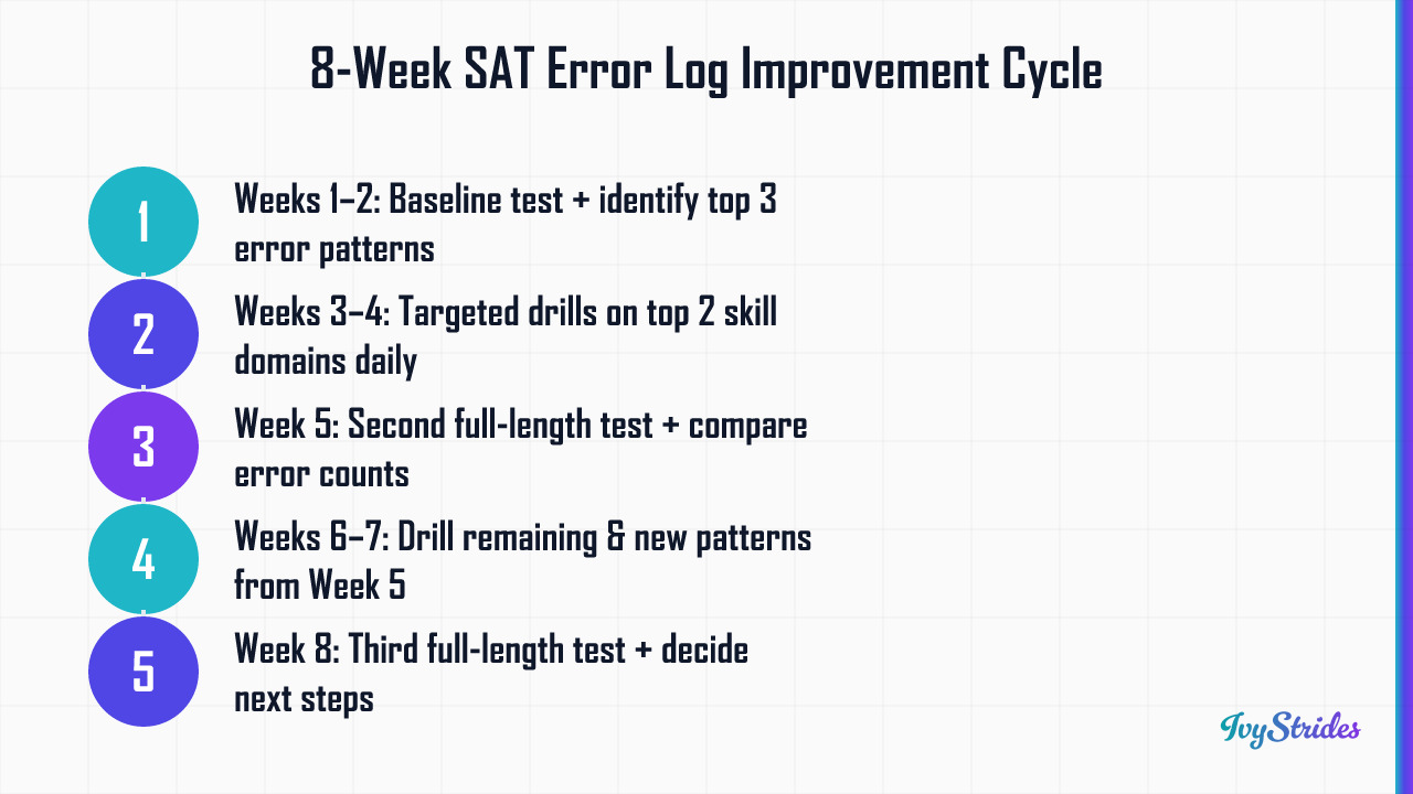 5-step 8-week SAT prep cycle using error log tracking to achieve 80–130+ point score improvements