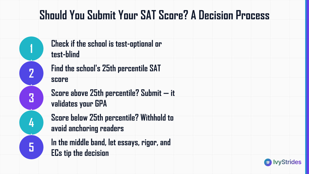 5-step decision process for whether to submit SAT scores under test-optional college admissions policy