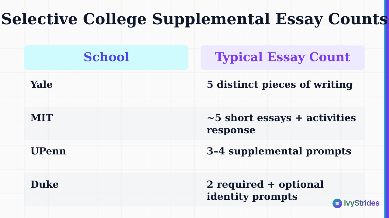 Comparison table showing supplemental essay counts for Yale, MIT, UPenn, Duke, and Northwestern for 2026-27 cycle