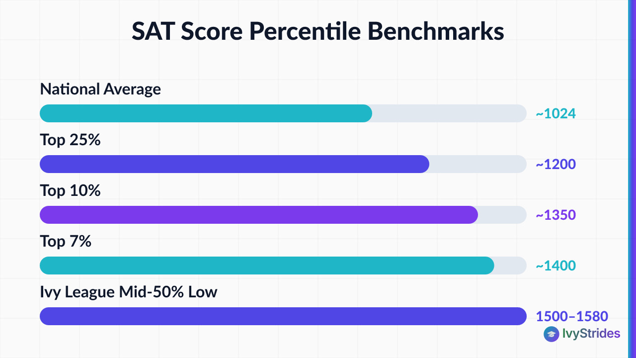 Horizontal bar chart showing SAT score benchmarks from national average 1024 to Ivy League mid-50% range of 1500–1580