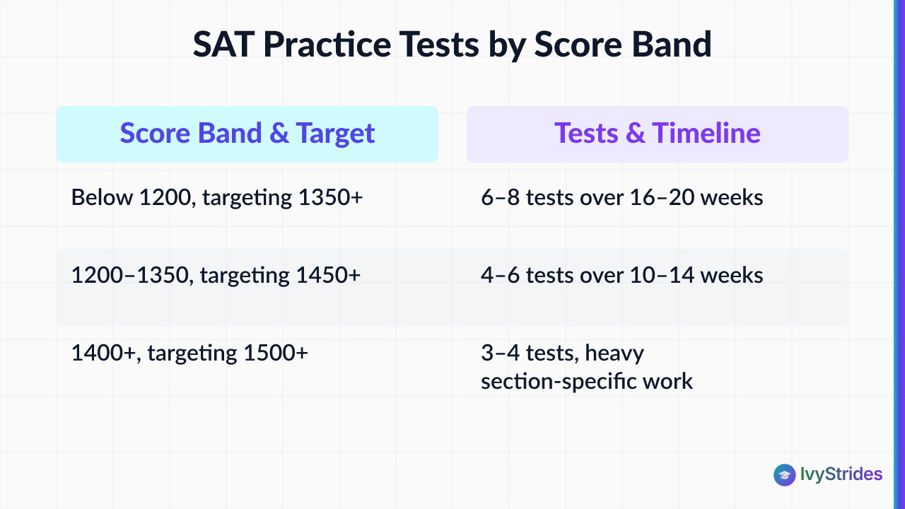 Comparison table showing recommended SAT practice test counts and timelines by starting score band and target score