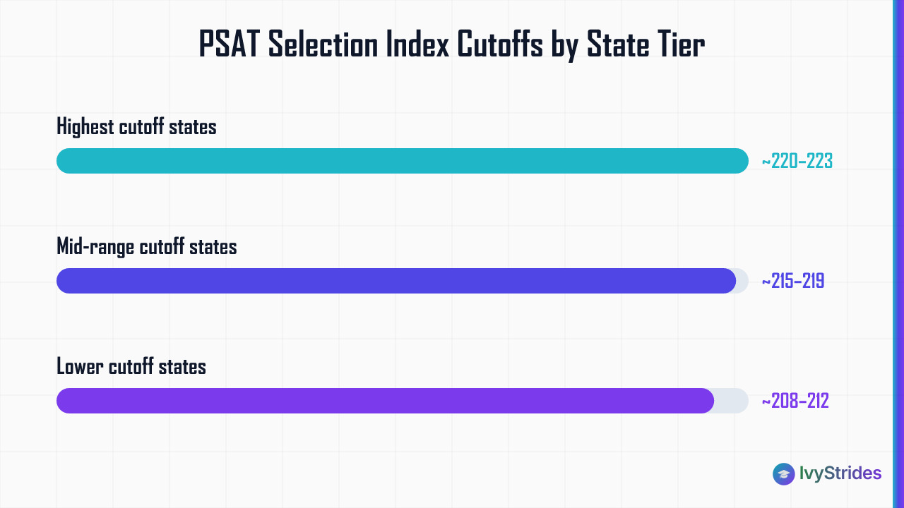 Horizontal bar chart showing PSAT National Merit Selection Index cutoff ranges across three state tiers from ~208 to ~223.