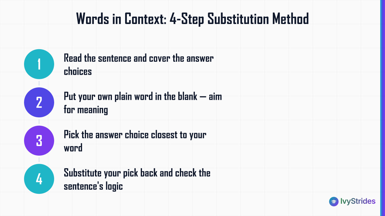 4-step SAT Words in Context substitution method: cover choices, pick your word, match answer, verify logic