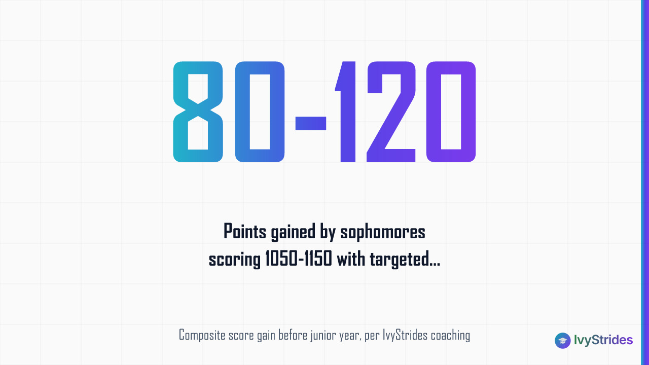 Stat callout showing 80-120 point PSAT score improvement for sophomores with targeted section prep