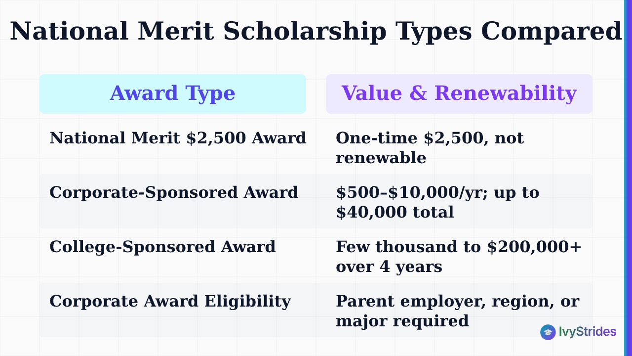 Comparison table of National Merit scholarship types showing award amounts, renewability, and eligibility requirements for ea