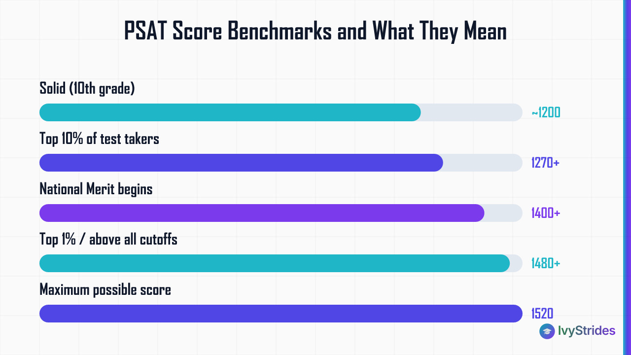 Horizontal bar chart showing PSAT score benchmarks from 1200 to 1520, including National Merit Semifinalist thresholds