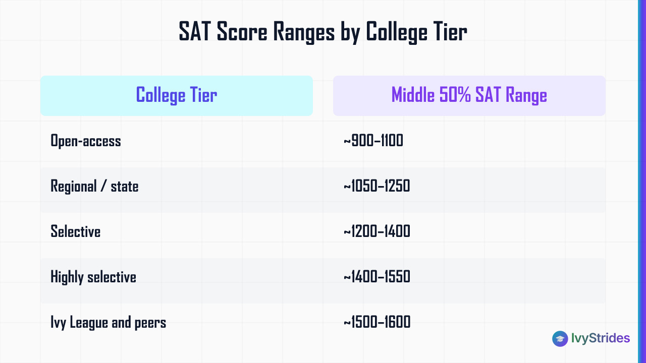 Comparison table showing SAT middle 50% score ranges across five college selectivity tiers from open-access to Ivy League