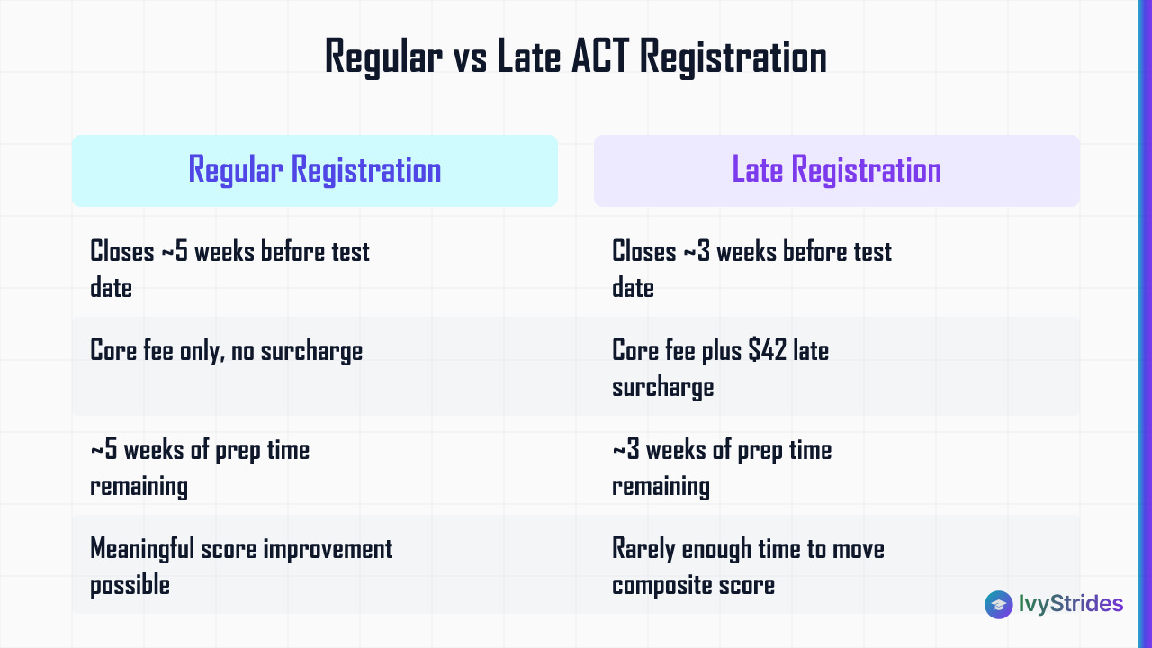 Comparison table showing ACT regular vs late registration deadlines, costs, and prep time implications for 2025-2026