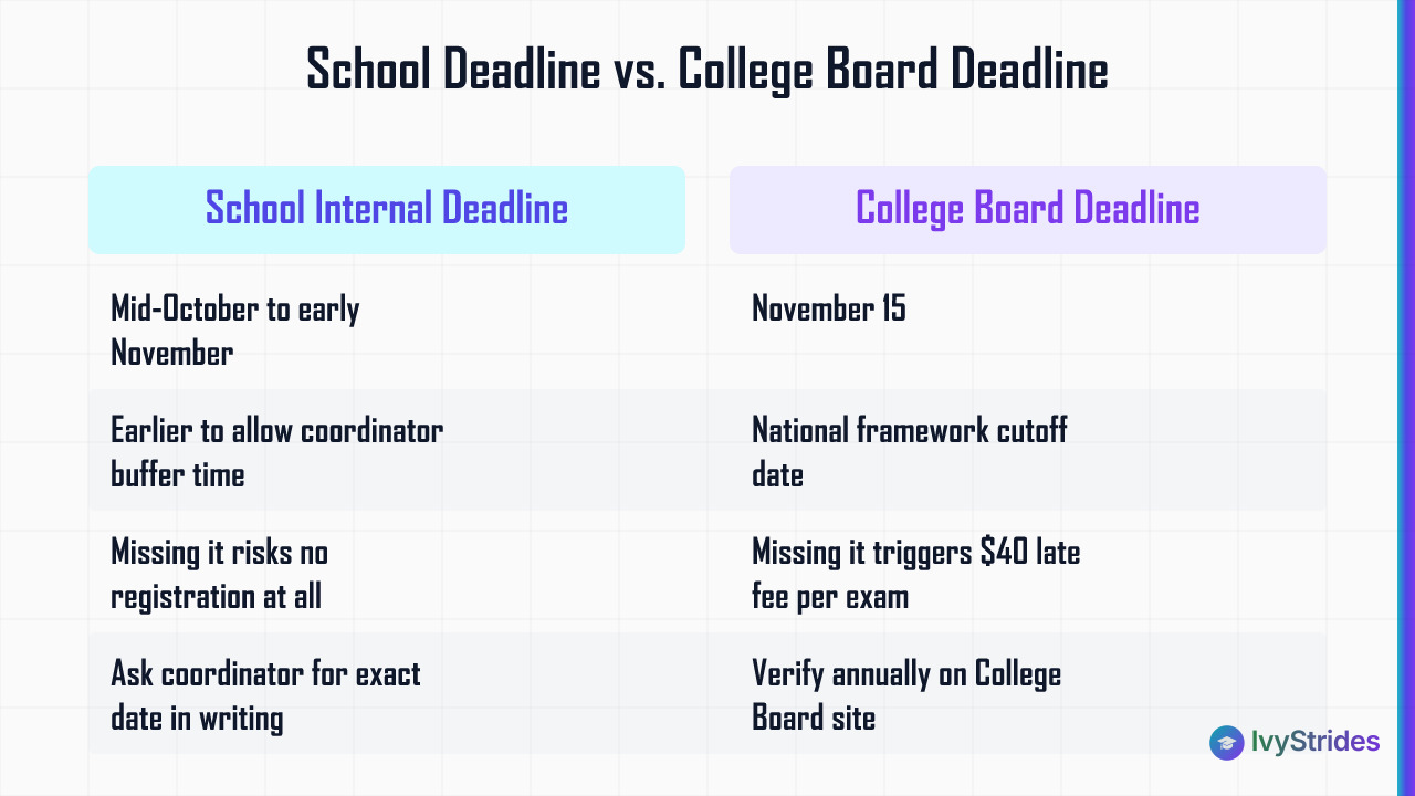 Comparison table showing school internal AP exam deadlines in mid-October to early November versus the College Board's Novemb