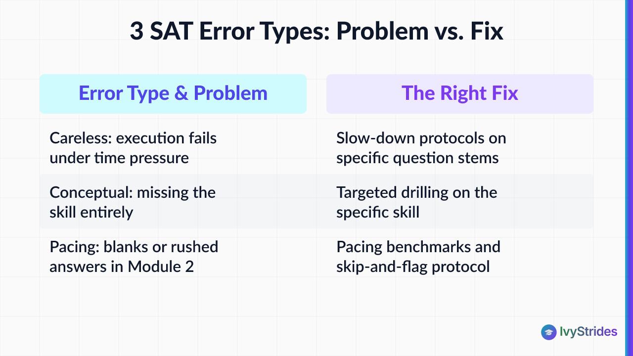Comparison table showing 3 SAT error types—careless, conceptual, pacing—paired with their correct targeted fixes