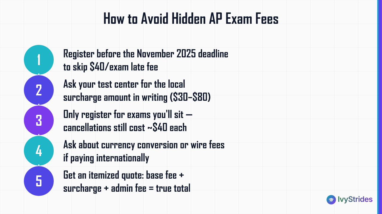 5-step process for international students to avoid hidden AP exam fees including late fees and surcharges