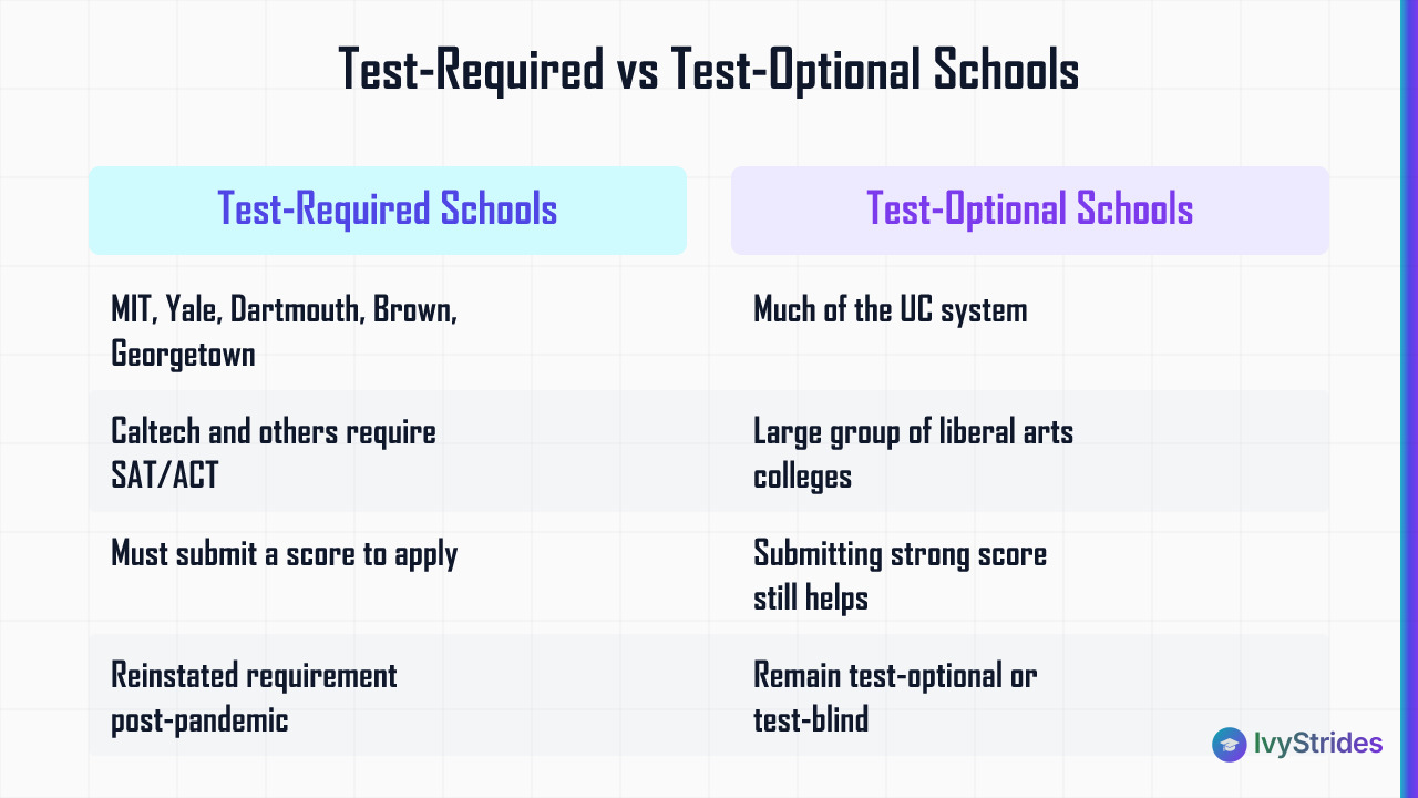 Comparison table of test-required vs test-optional US universities for international SAT applicants in 2026
