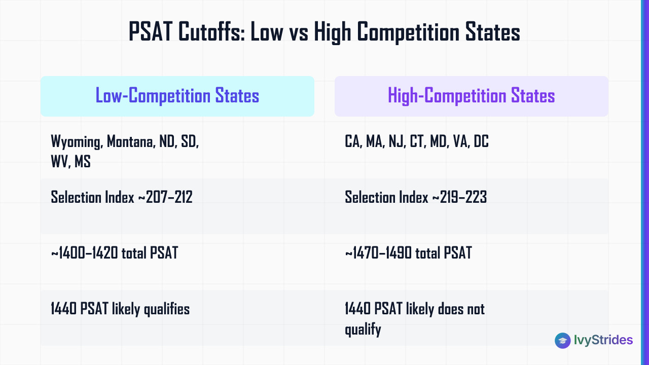 Comparison table of PSAT National Merit cutoffs for low-competition vs high-competition states by Selection Index and total s