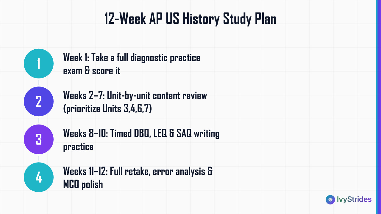 4-step 12-week AP US History study plan: diagnostic, content review, timed writing, and final retake with error analysis