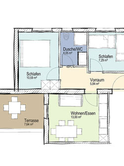 Grundriss Ferienwohnung: Schlafzimmer, Wohn-/Esszimmer, Terrasse