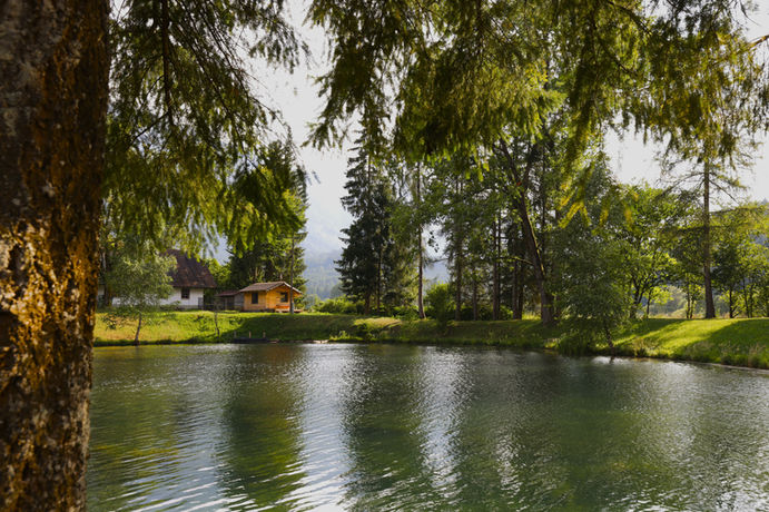 Idyllischer Teich mit Haus
