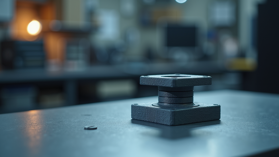 Eye-level view of a 3D printed prototype part on a workbench