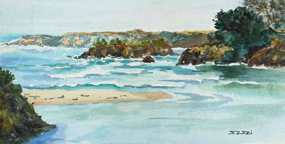 This 6 x 12" watercolor is mounted on panel and protected with cold wax finish. 