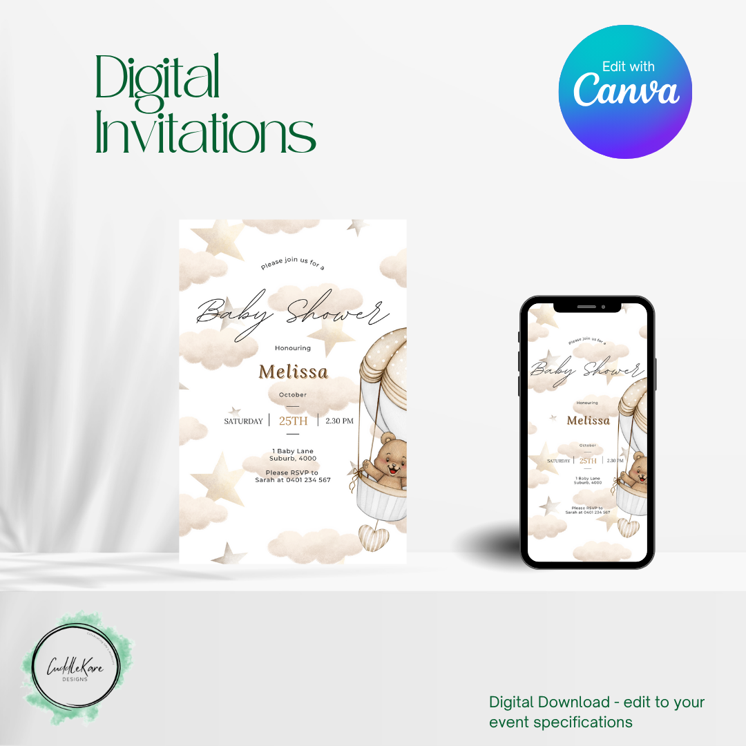 Bear in a Hot Air Balloon Baby Shower Invite