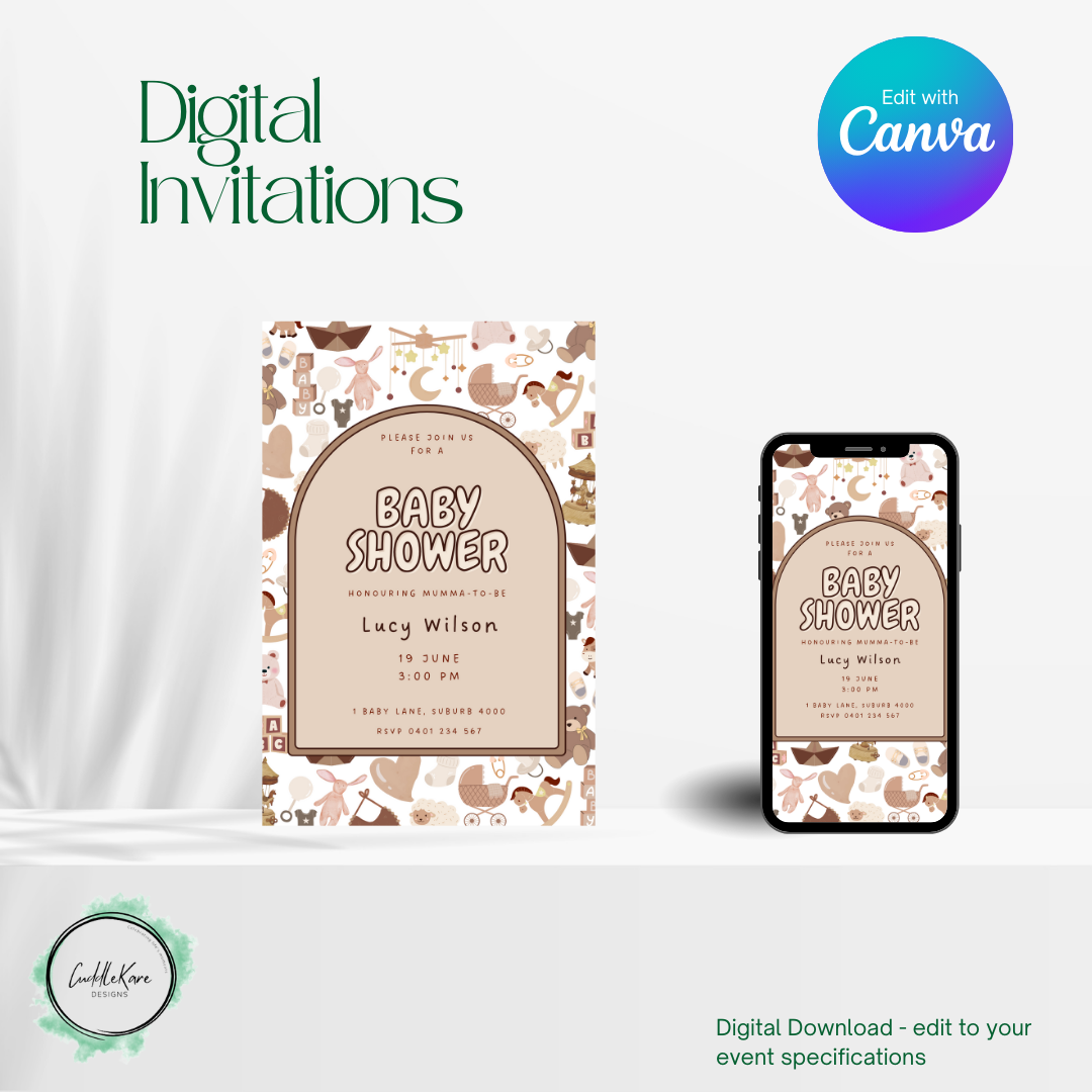 Editable Neutral Baby Shower Invitation | Canva Template | Instant Download