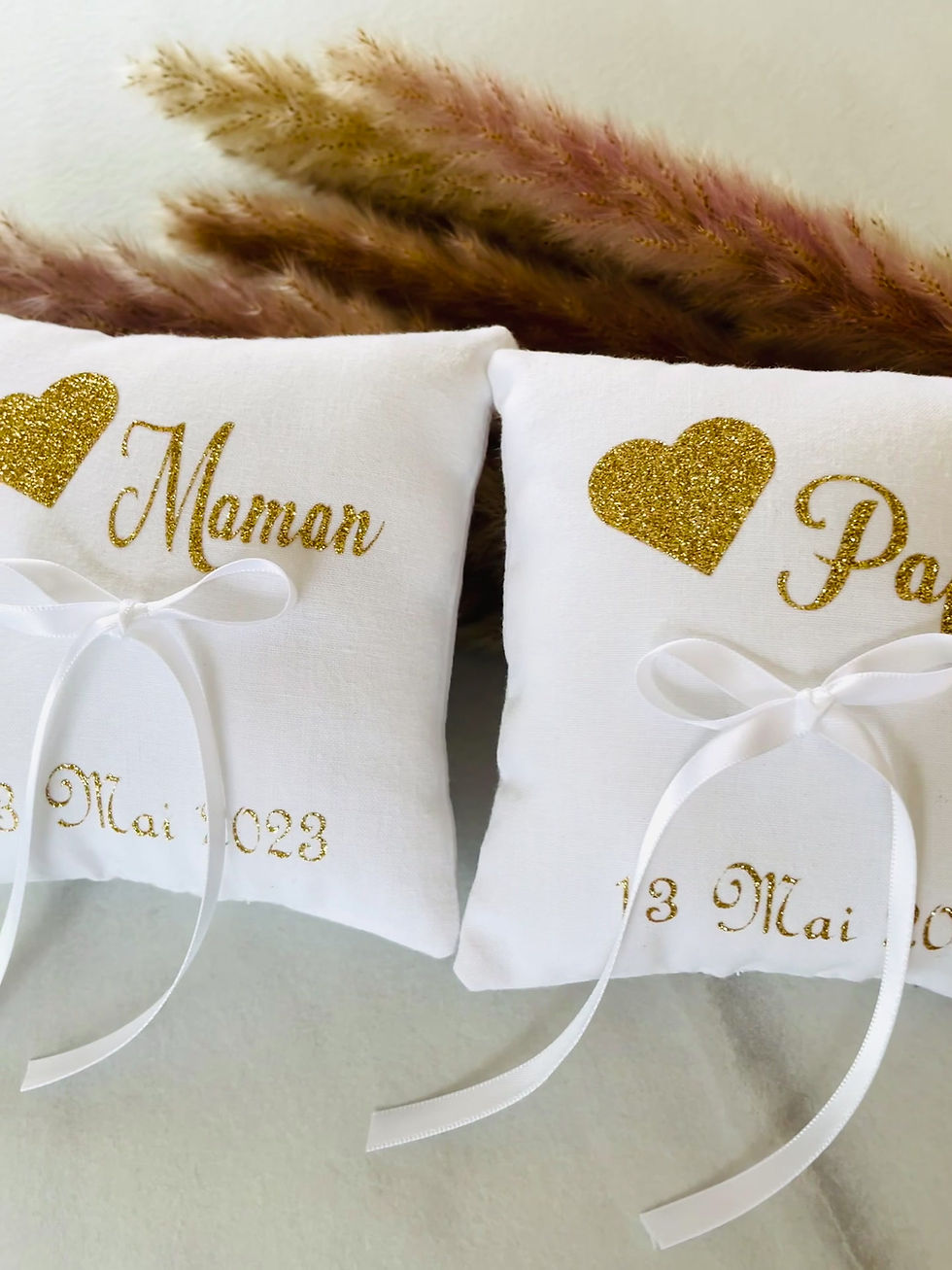 Miniature : Coussins porte alliances mariage Papa et Maman doré avec date personnalisable