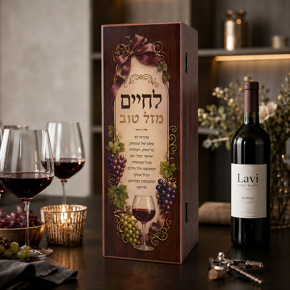 תמונה ממוזערת: מארז יין יוקרתי מעץ בעיצוב אישי – הדפסה צבעונית מלאה + 4 אביזרי יין