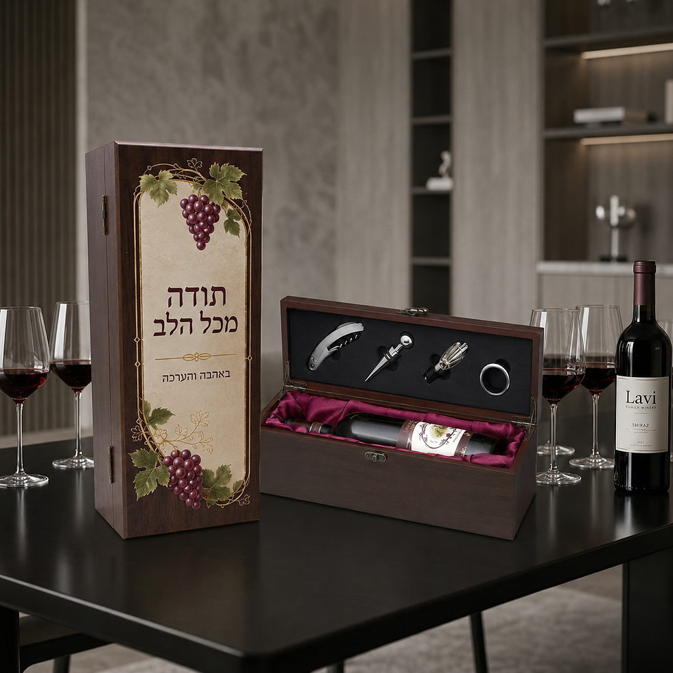 תמונה ממוזערת: מארז יין יוקרתי מעץ בעיצוב אישי – הדפסה צבעונית מלאה + 4 אביזרי יין