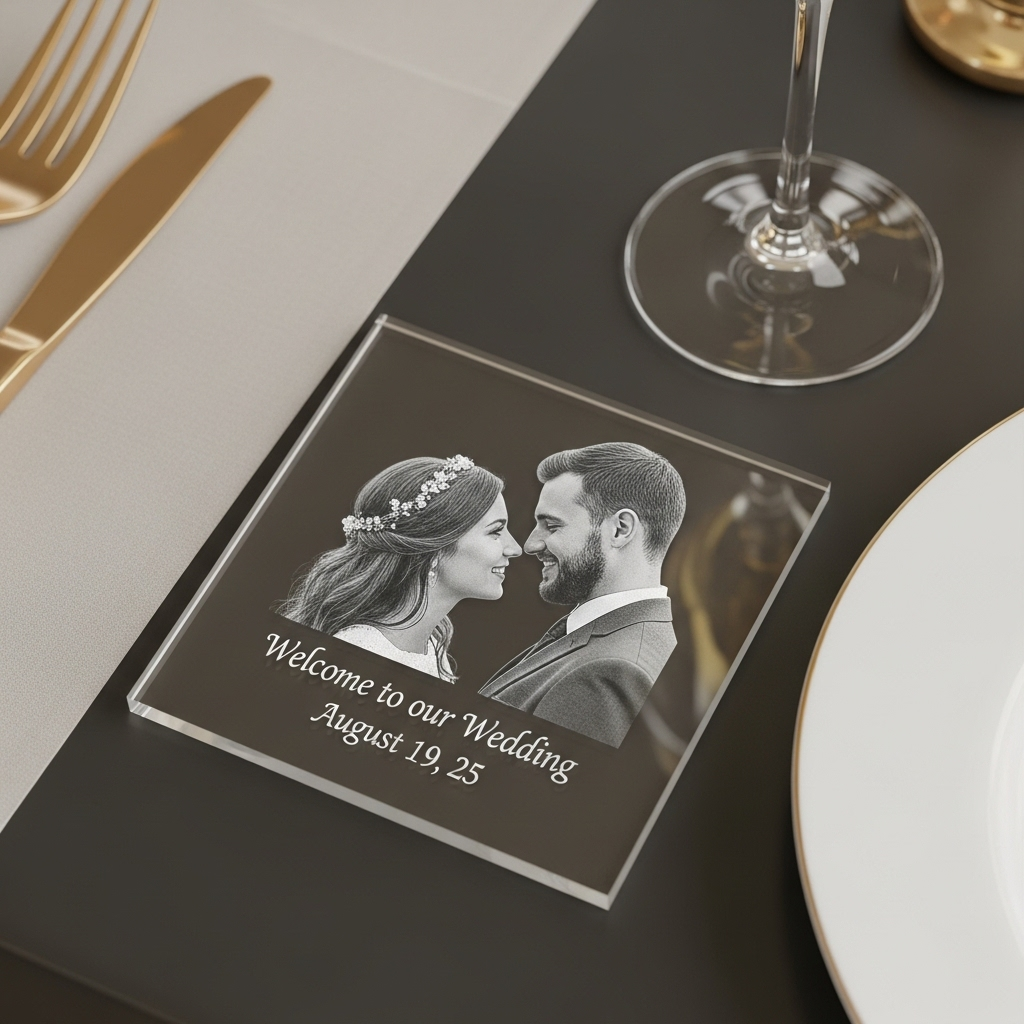 תחתית אקריל שקוף עם תמונת החוגגים,משפט ותאריך