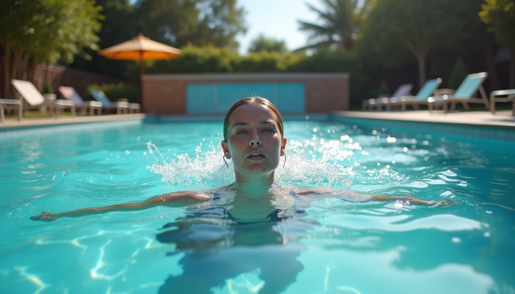 Eye-level view of a person swimming in a clear outdoor pool