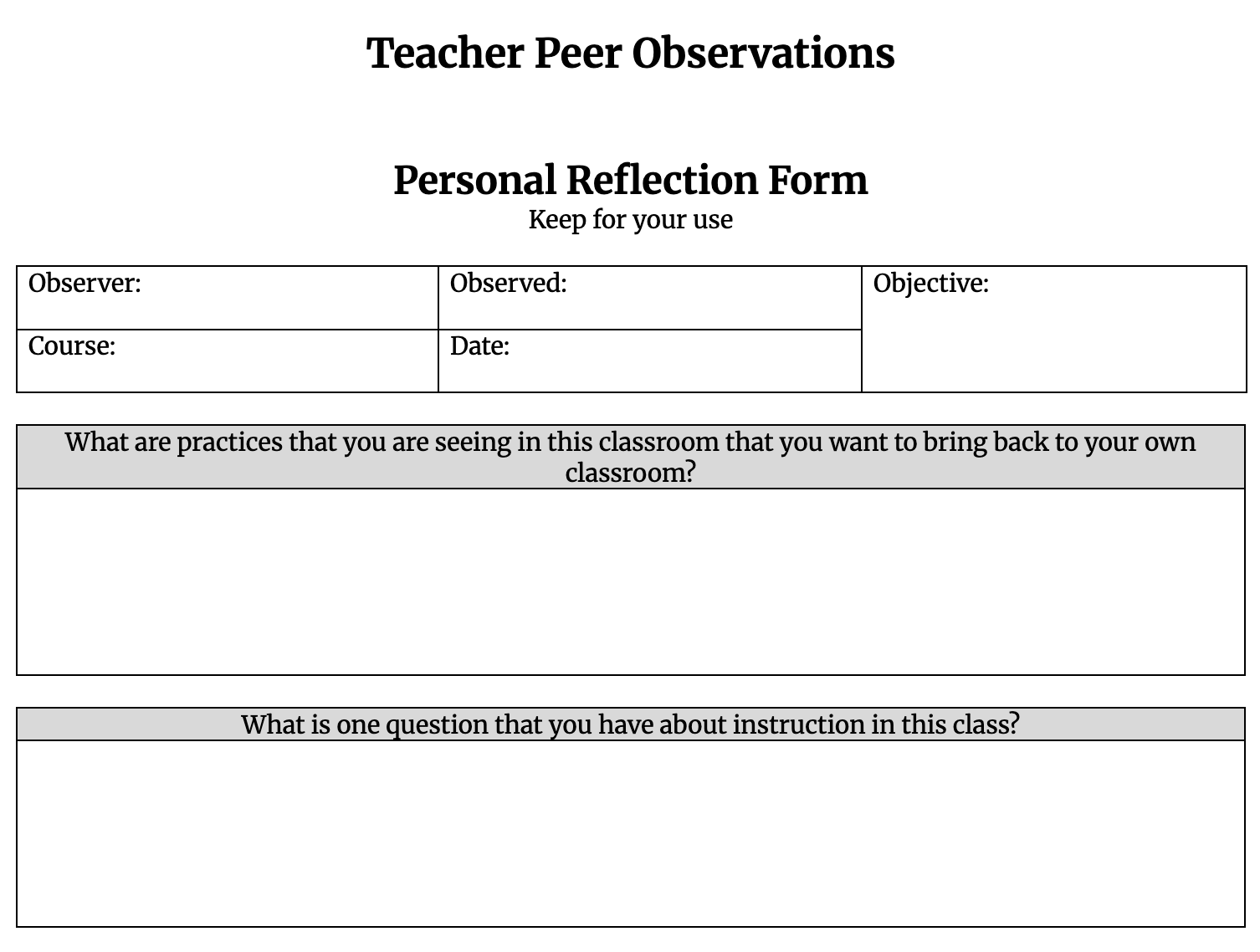 Teacher Peer Observation Form