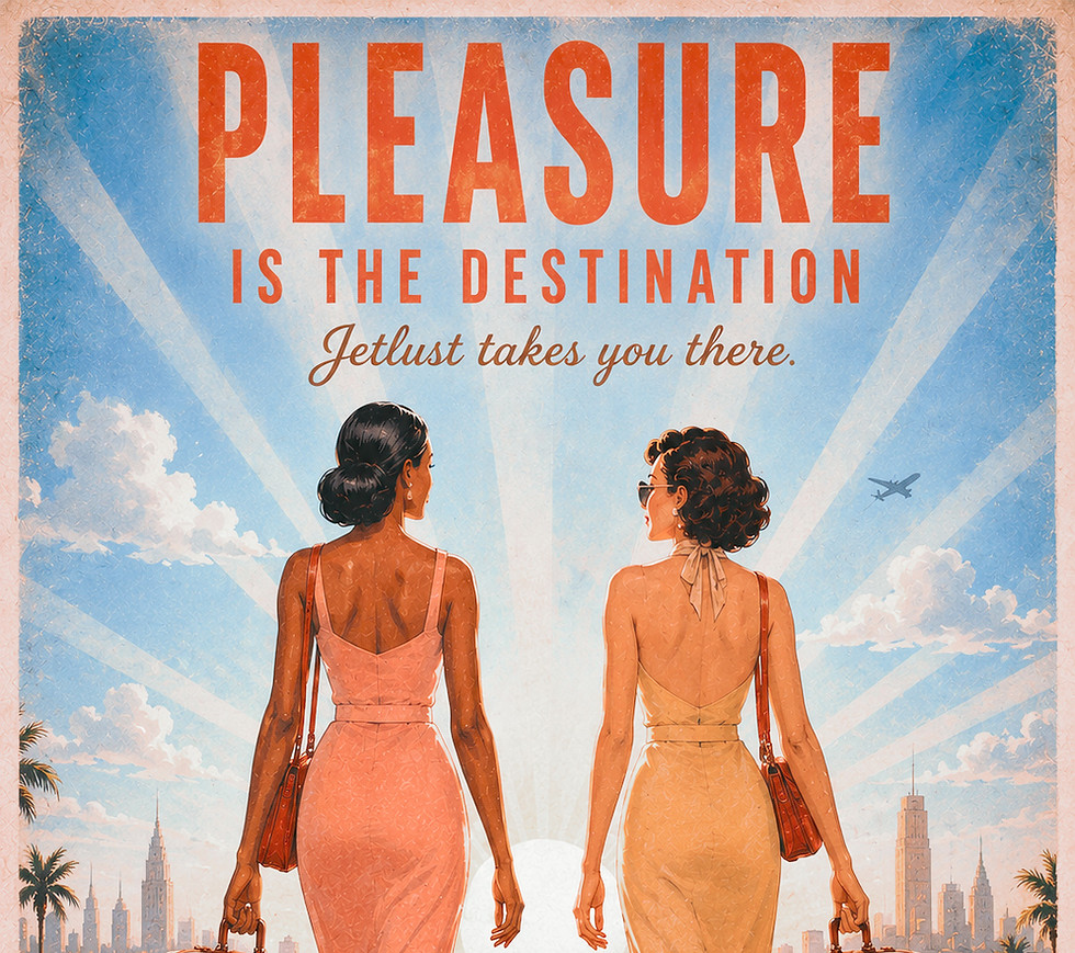 Jetlust poster with intimate wellness travel kit suitcases.