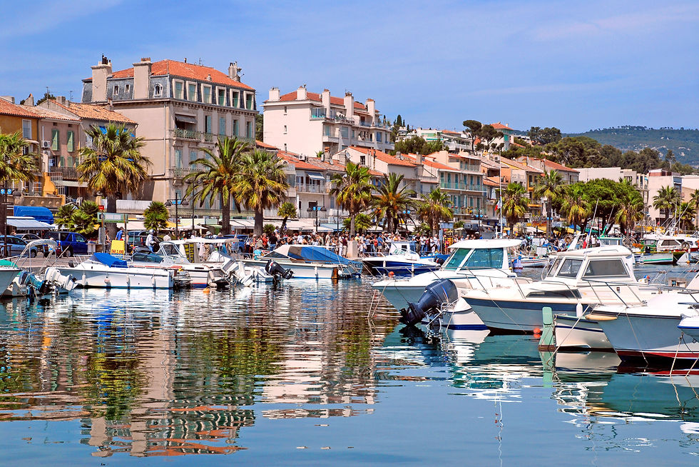 Scenic view of boats docked at the harbor promenade lined with palm trees and historic buildings in Bandol, France.