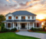 A large custom home white in color with a black metal roof. A front view of the home with