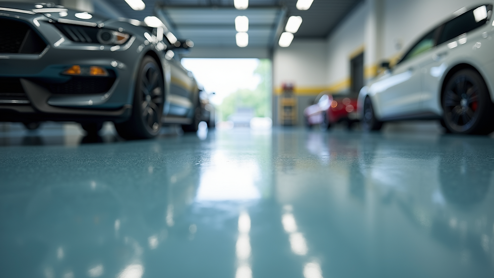 Eye-level view of a newly installed epoxy floor in a modern garage