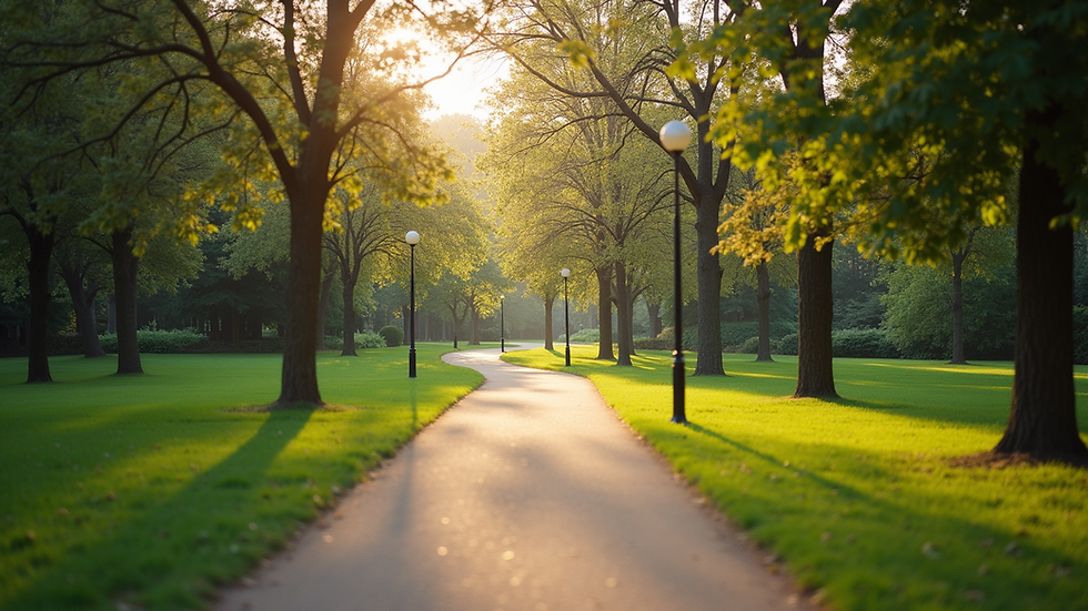 Eye-level view of a serene park with a walking path
